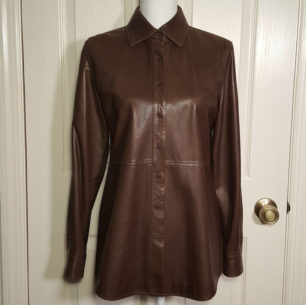Façonnable Brown Lambskin Leather Shirt Jacket