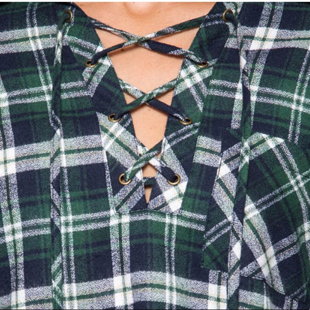 Green Plaid Lace Up Front Shift Dress - Picture 4 of 4