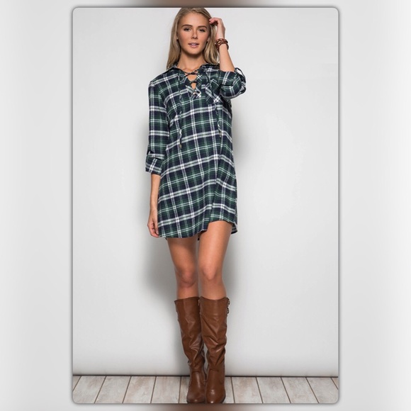 Green Plaid Lace Up Front Shift Dress - Picture 2 of 4