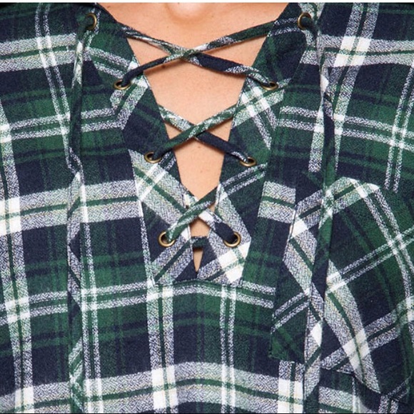 Green Plaid Lace Up Front Shift Dress - Picture 4 of 4