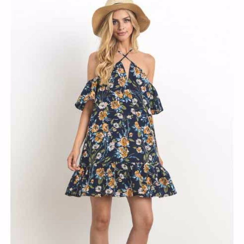 New Floral Printed Cold Shoulder Mini Dress