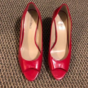 Red 1.5 inch heels with an open toe