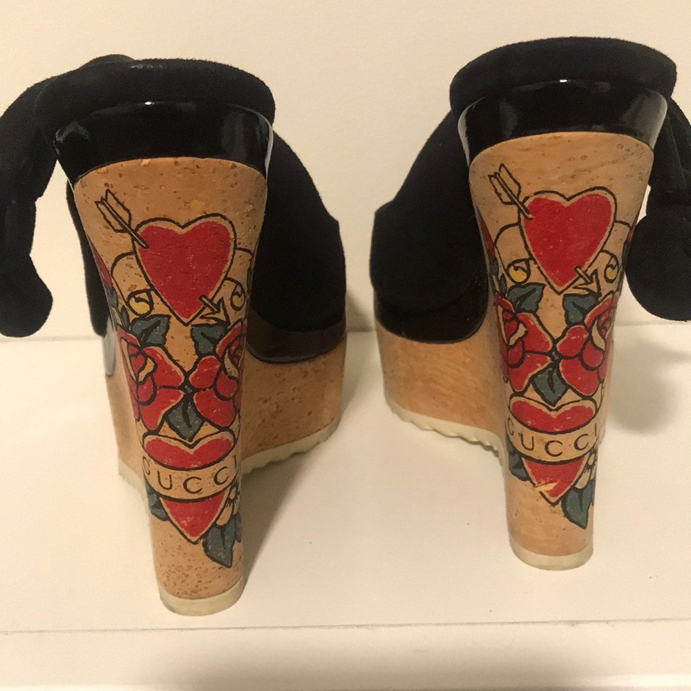 Authentic Gucci Suede Tattoo Heart Platform Wedges