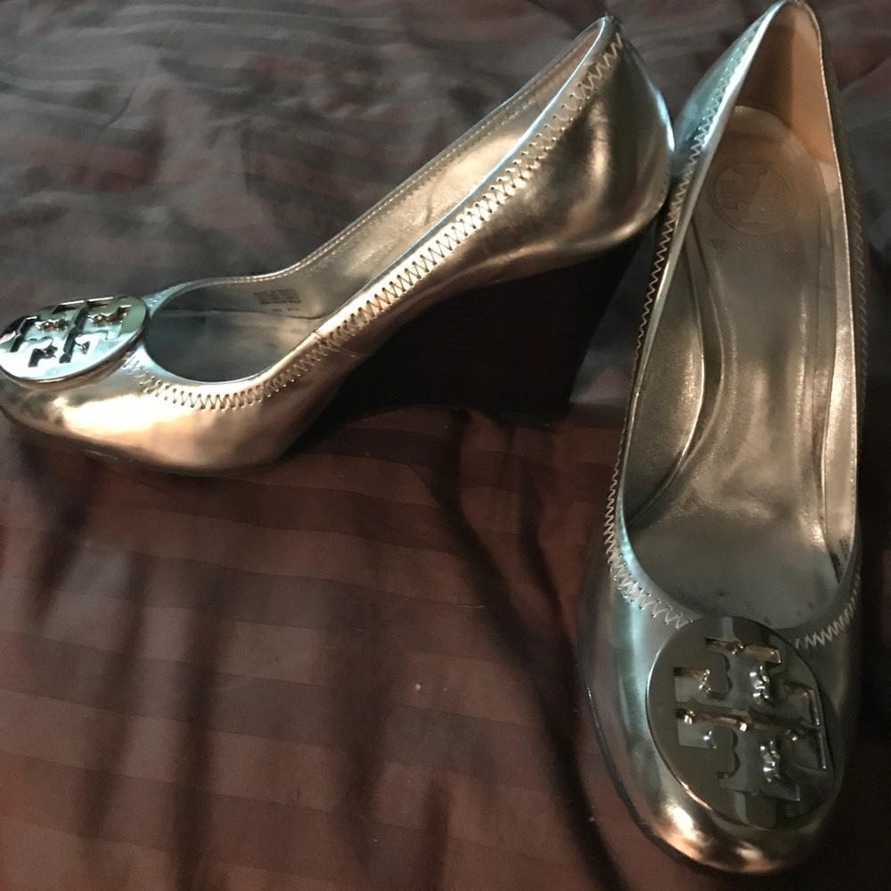 Tory Burch Sophie Silver Mirrored Leather Wedge