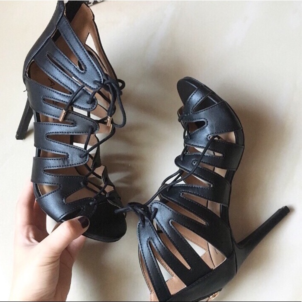 Black caged lace up heels