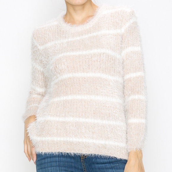Creme White Fuzzy Lady Finger Long Sleeve Sweater - Picture 2 of 2