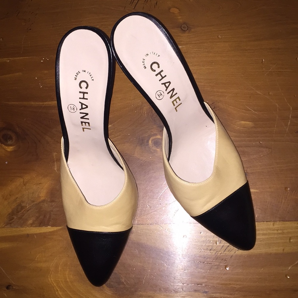 Chanel beige and black mules