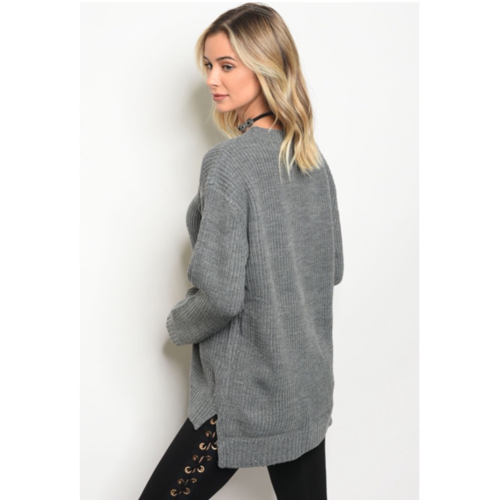 Gray sweater with lace up detail - Picture 2 of 4