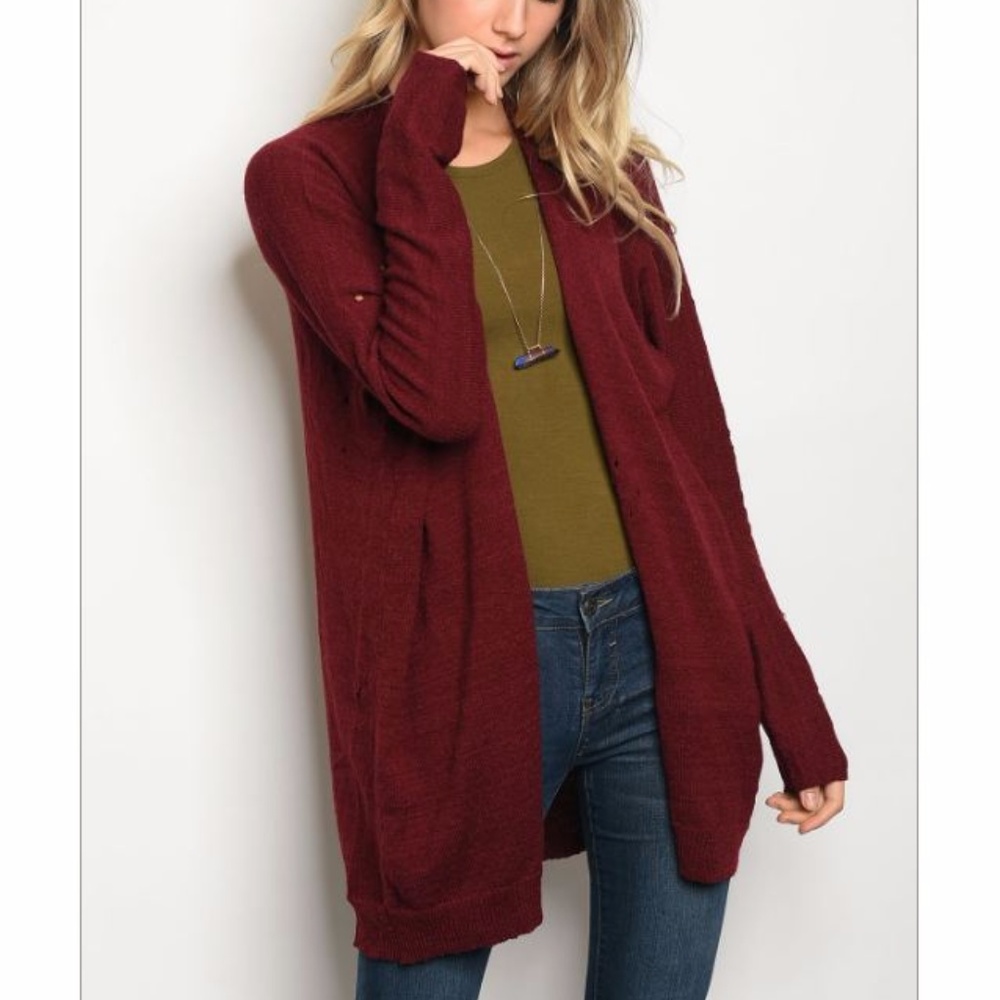 🎉HP🎉 “Zin” Distressed Merlot Wine Long Cardigan