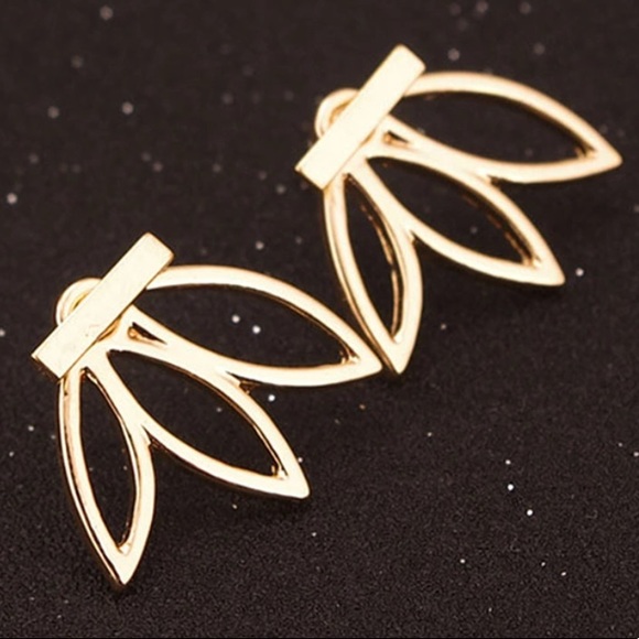 Golden Leaf Lotus Flower Earrings - Picture 3 of 5