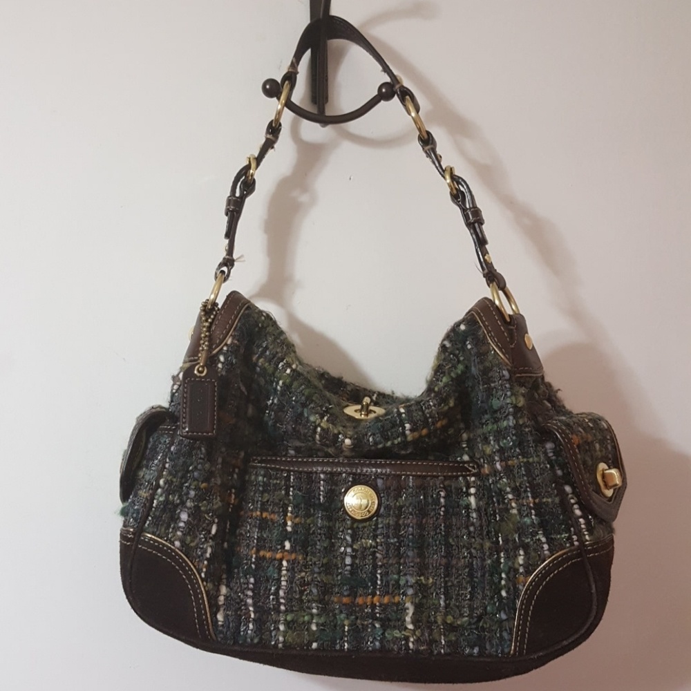 Coach Tweed Green and Brown Suede Handbag