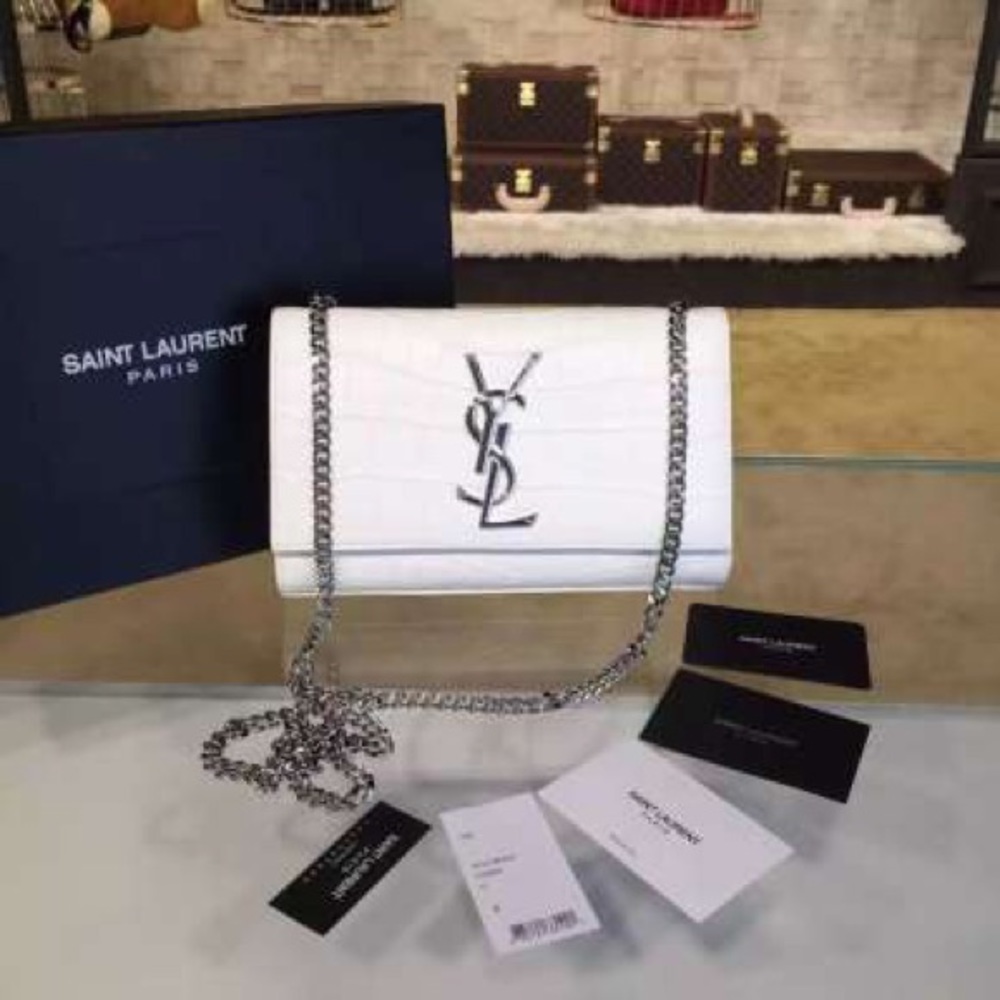 SAINT LAURENT WHITE CROCO EMBOSSED TASSEL BAG