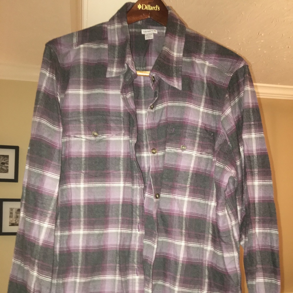 Button down flannel in grey and purple plaid