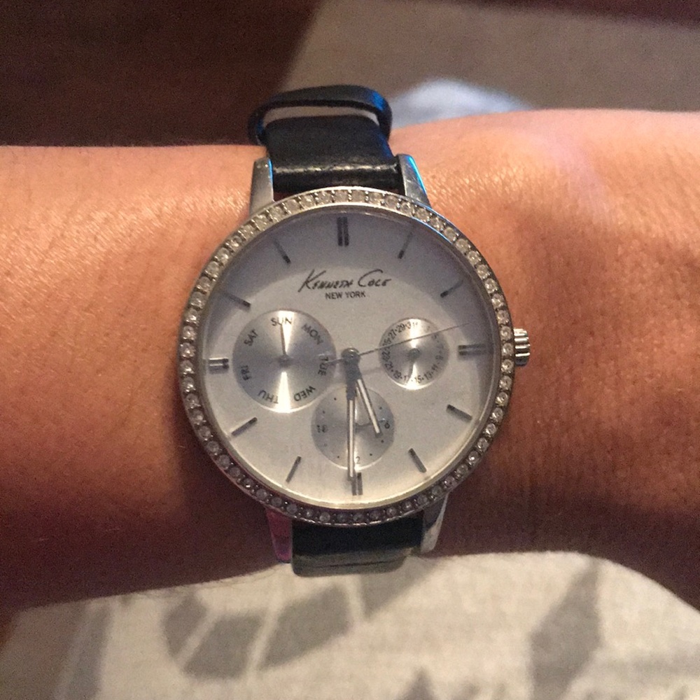 Kenneth Black Leather and Rhinestone Watch