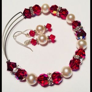 Sparkly Red Crystal Pearl Bracelet Earrings Set