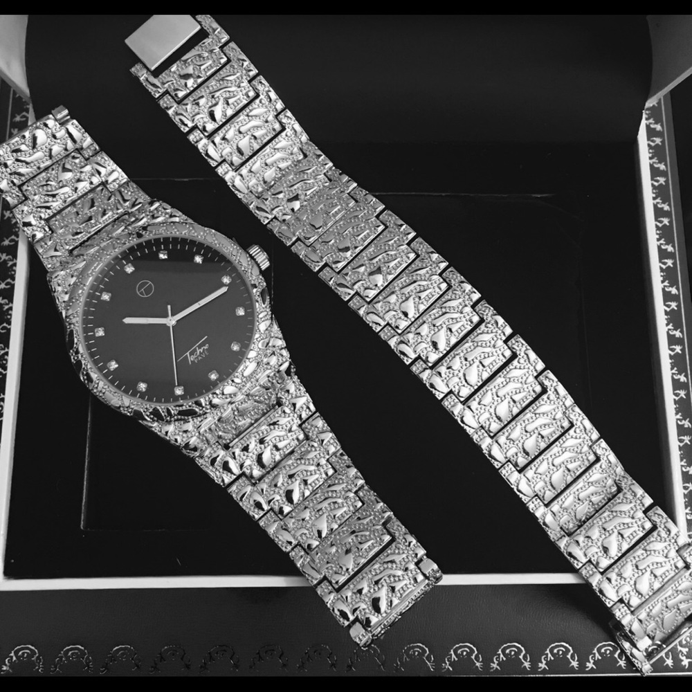 Men’s Silver Finished  Lab Diamond Watch&Braclet