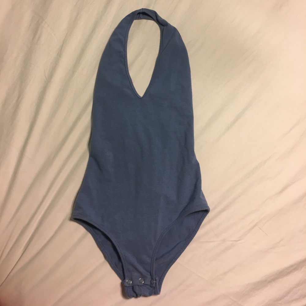 Blue halter, open back body suit