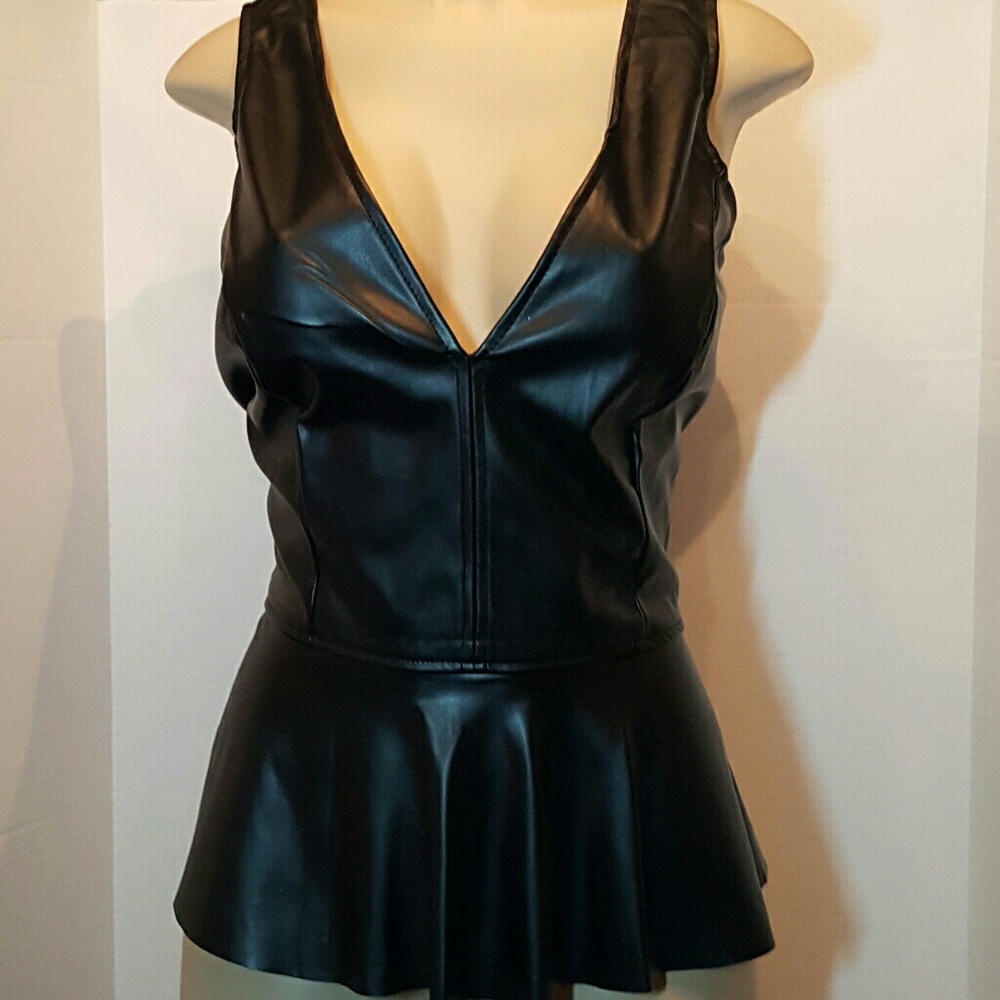 Arden B Faux Leather Black Peplum Top size large