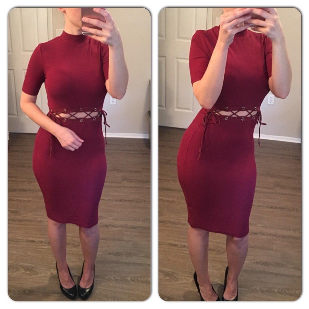 Burgundy Dress with Lace Up Mid Section