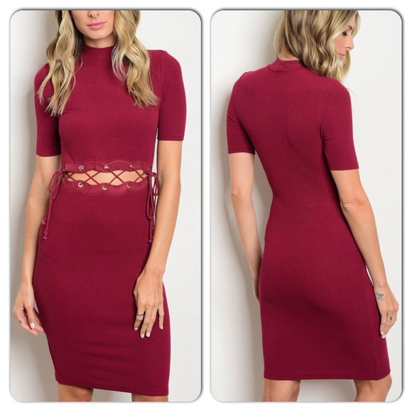 Burgundy Dress with Lace Up Mid Section - Picture 3 of 3