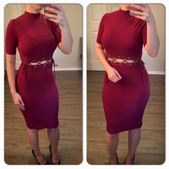 Burgundy Dress with Lace Up Mid Section - Picture 2 of 3