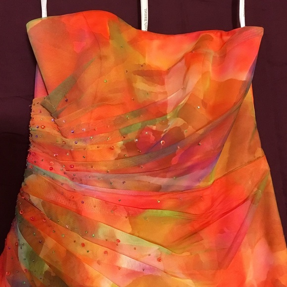 David’s Bridal Orange Watercolor Prom Dress - Picture 3 of 8