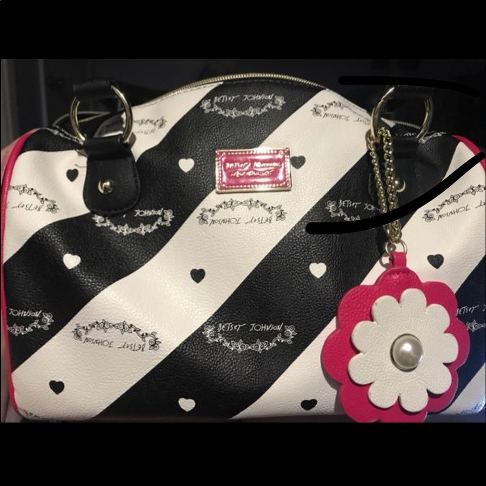 Betsey Johnson black/white striped barrel purse