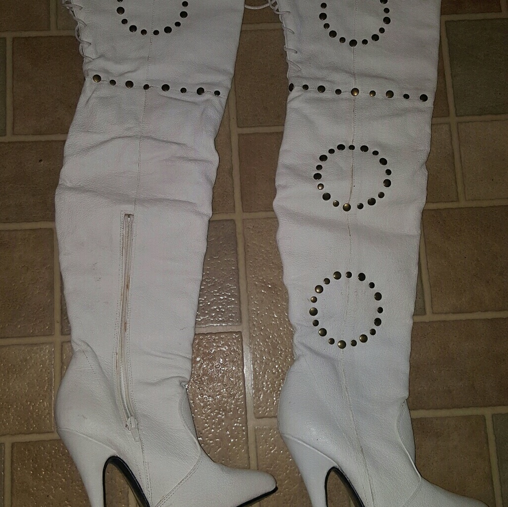 Thigh boots, leather, custom riveting,  size 7