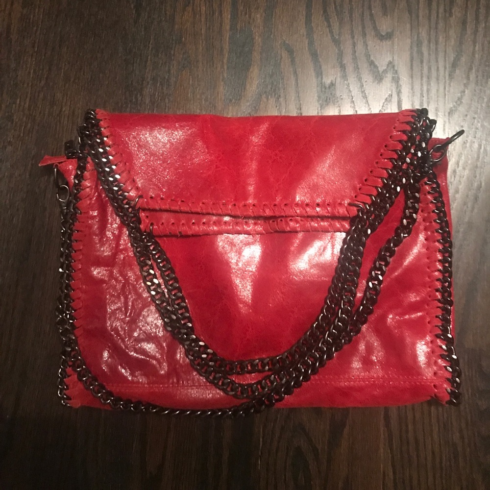 Red handbag with chain detail
