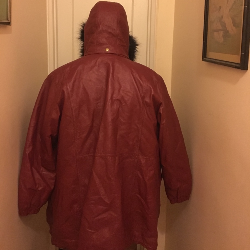 Red hooded leather Coat