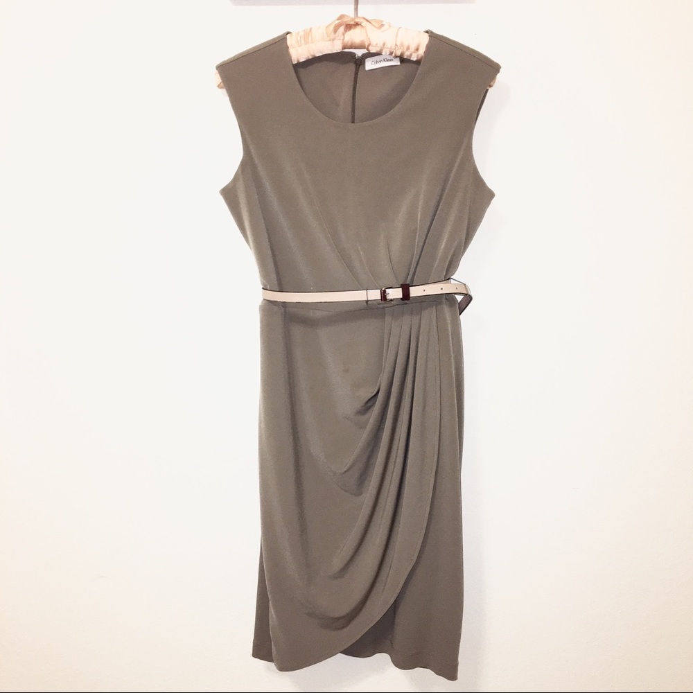 CALVIN KLEIN Belted Drape Midi Sleeveless Dress