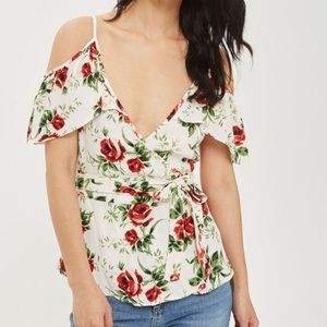 Rose Print Cold Shoulder TOPSHOP Wrap Top