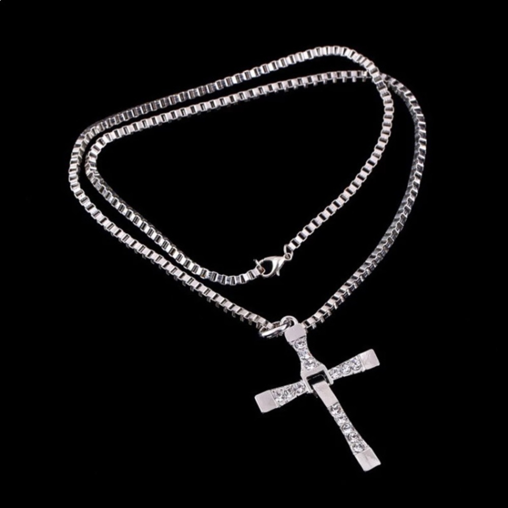 Silver tone and rhinestone cross necklace