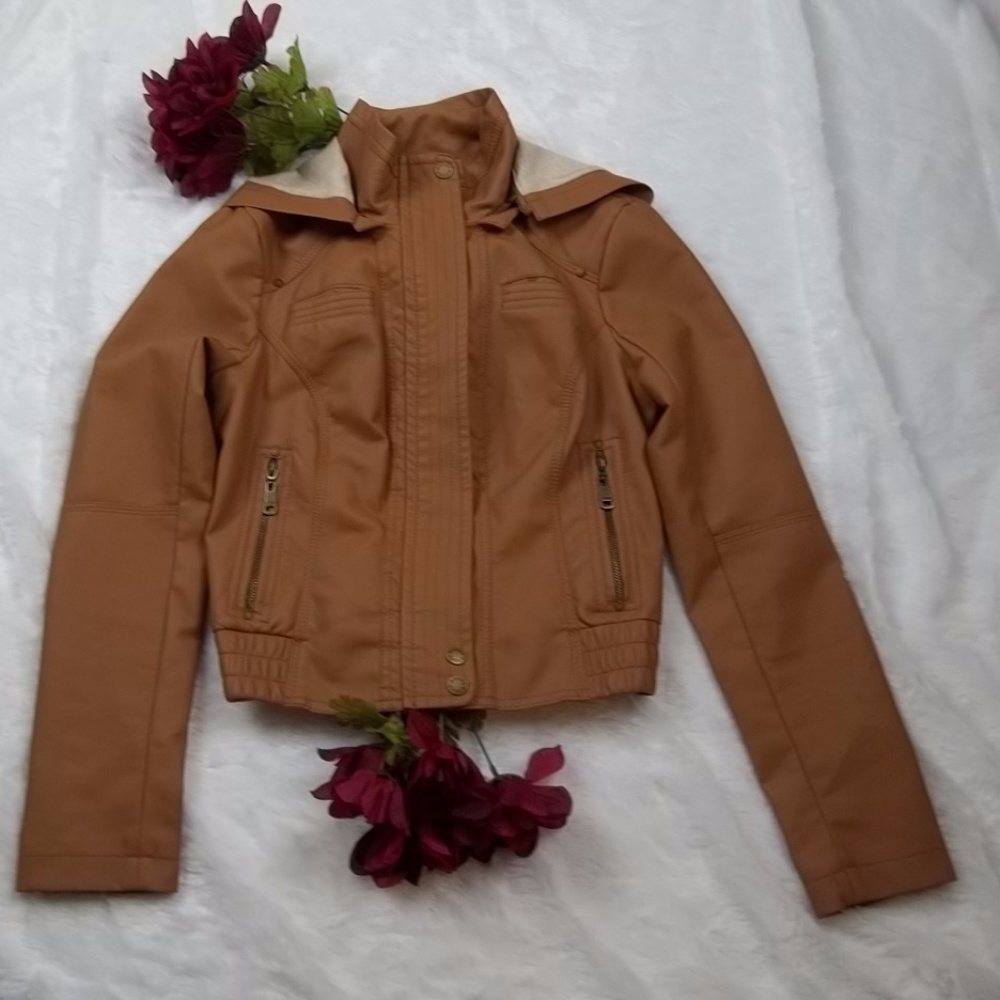 Guess Faux Leather Pleather Women's Jacket with Detachable Hood-Small-Used,Good