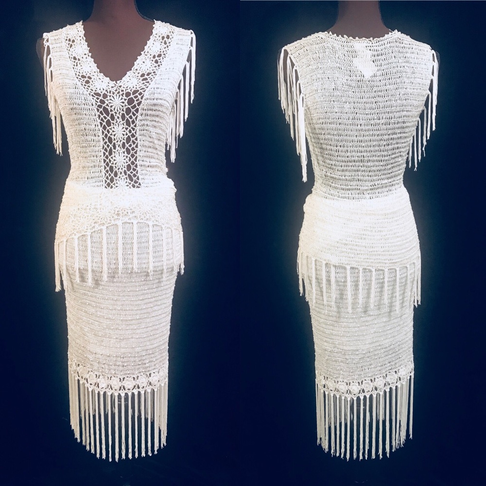 White Crochet Flower Knit and Sequin Top and Skirt