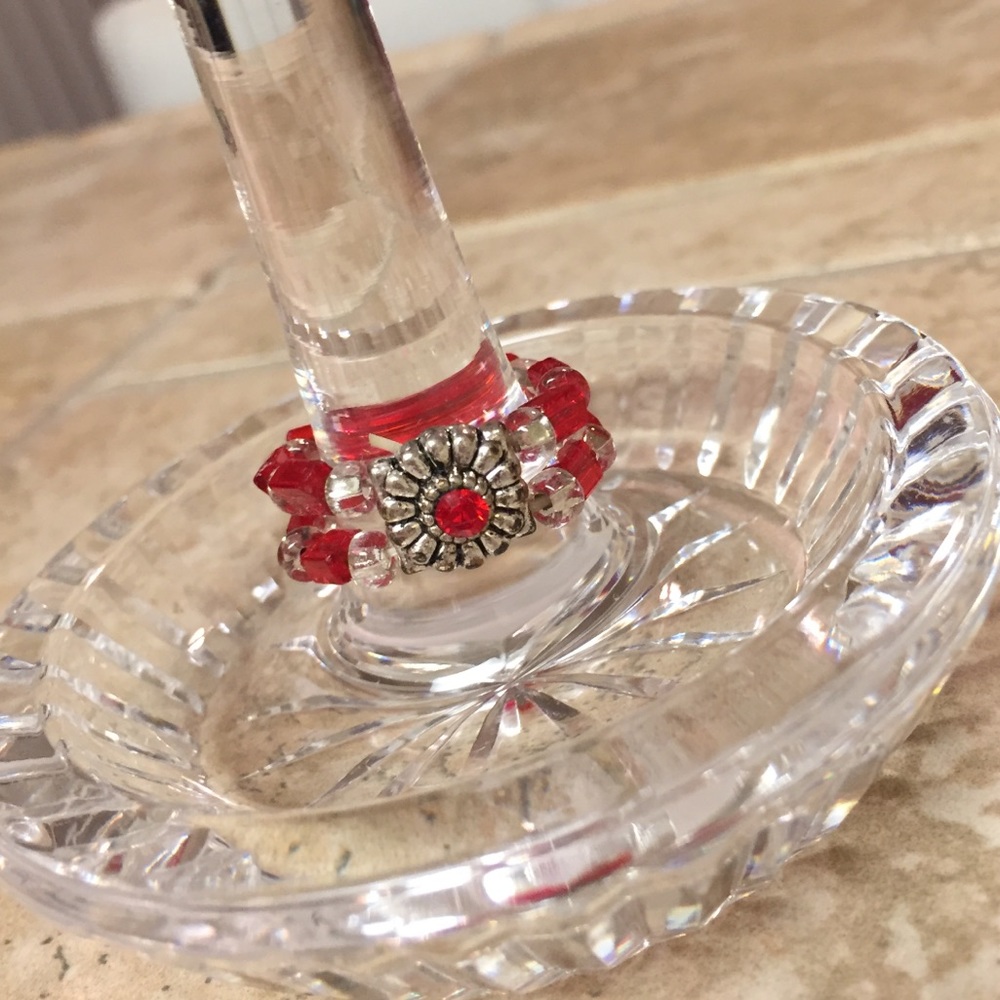 Red&Silver📿Crystal Beaded Ring