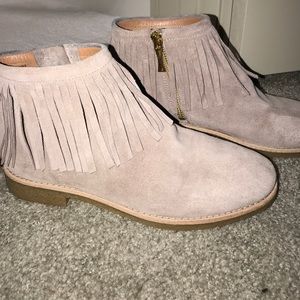 Kate Spade suede flat booties with fringe.