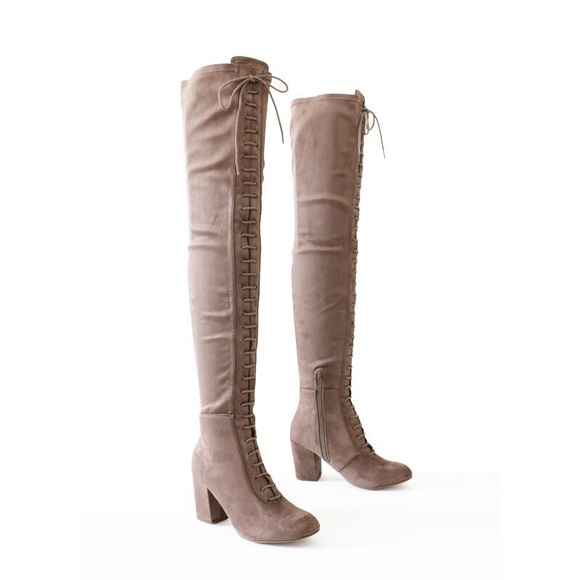 Delicious Shoes - miso-taupe stretch Micro suede over knee boots