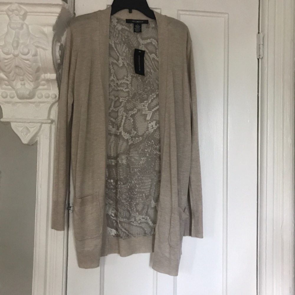 Taupe sweater with sheer print pattern back