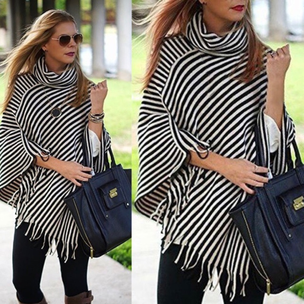 *NEW* Diagonal Striped Poncho w turtleneck - Picture 2 of 4
