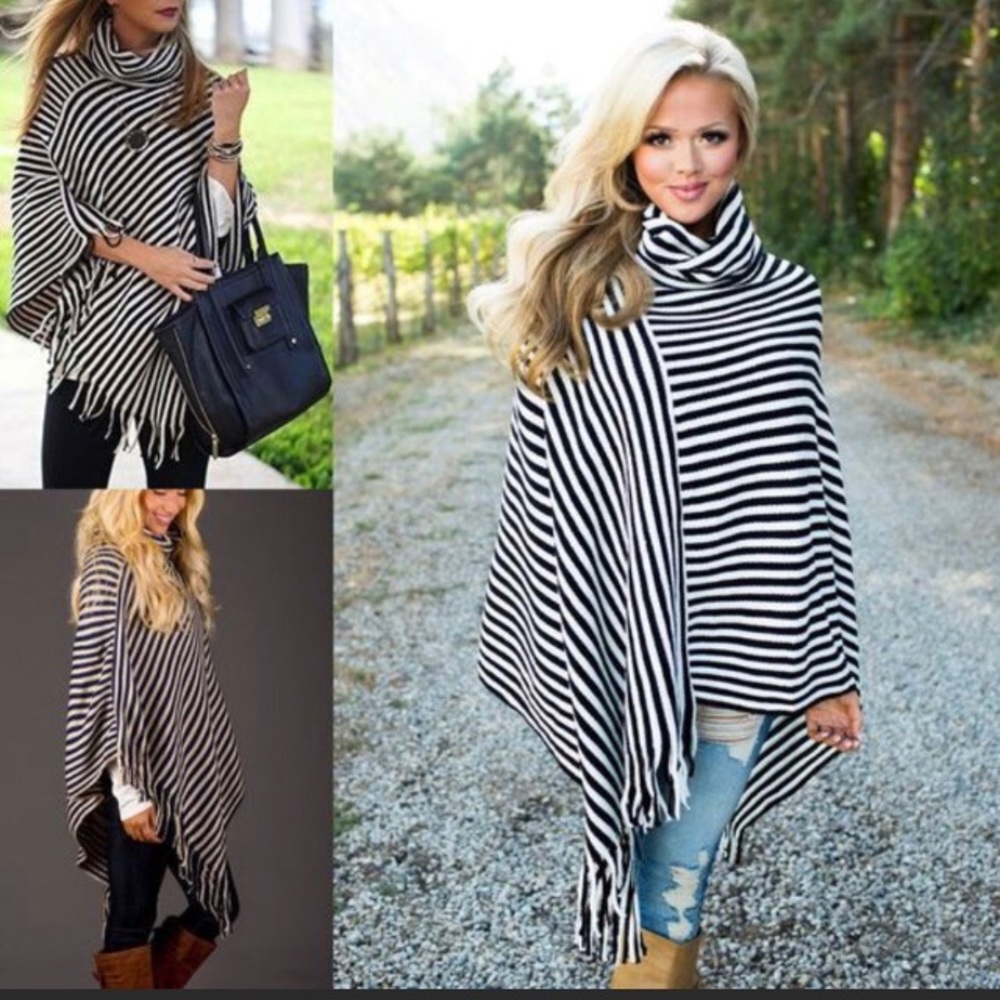 *NEW* Diagonal Striped Poncho w turtleneck - Picture 3 of 4