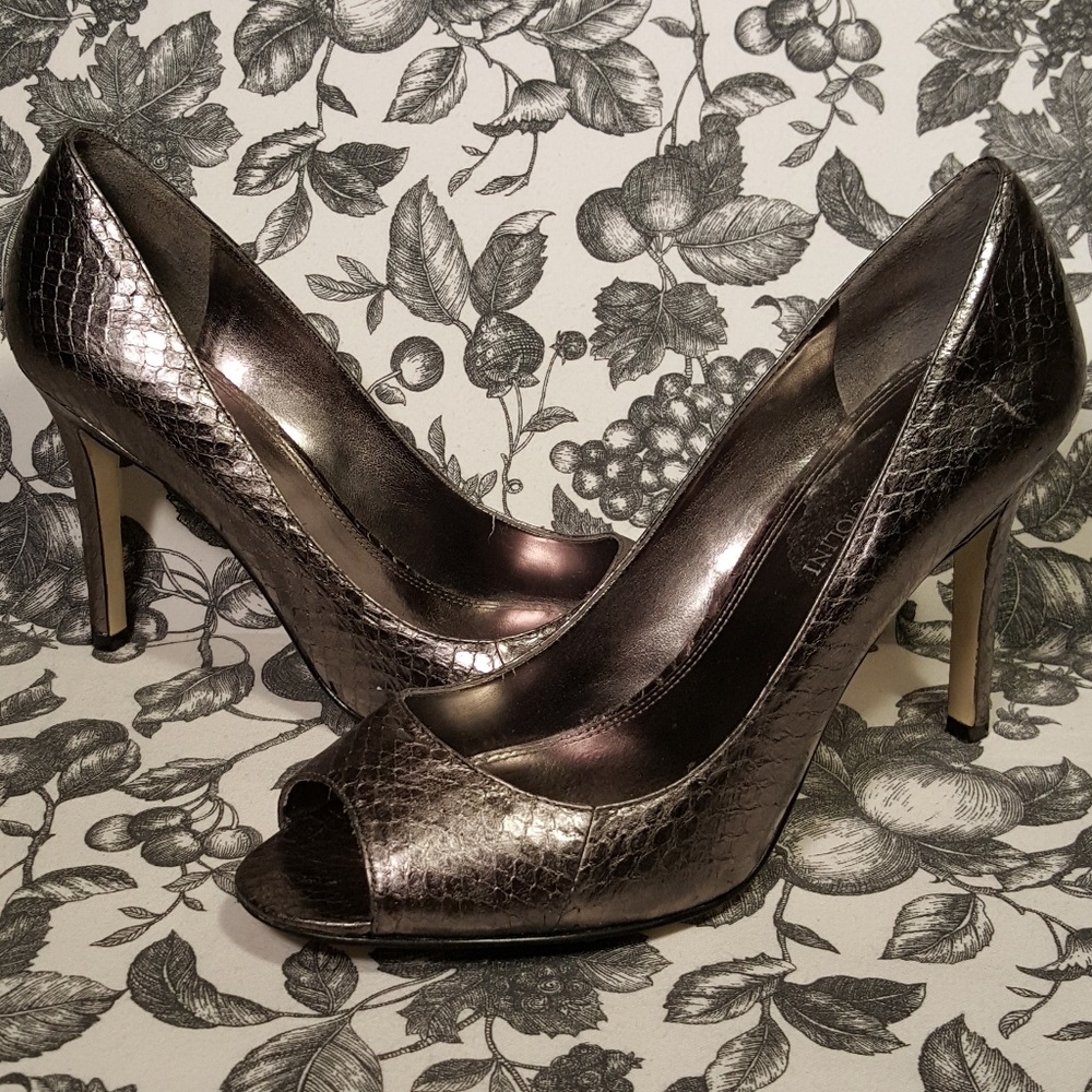 Enzo Anglioni Silver Snakeskin Peeptoe Heels