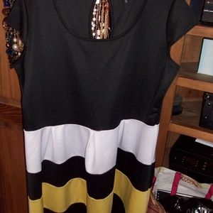 Yellow, Black, and White Fit and Flare Dress