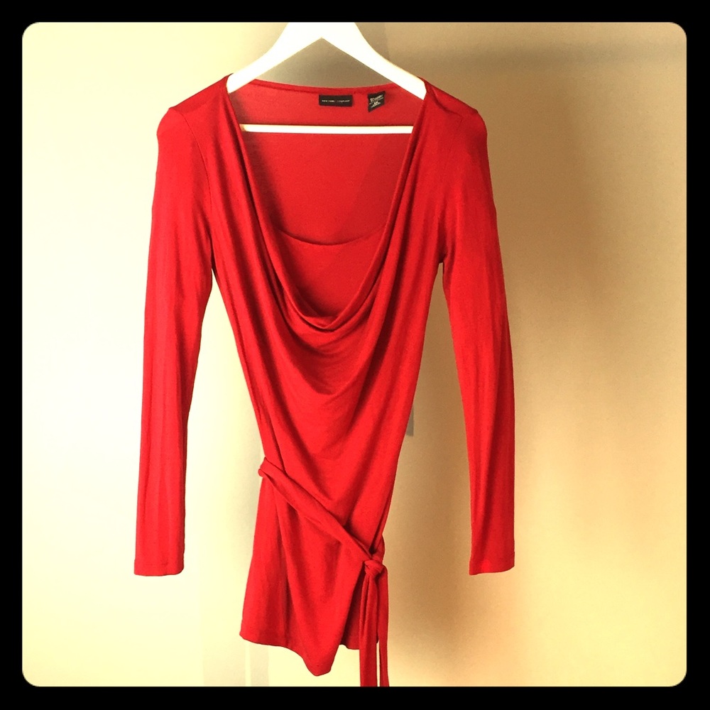 Red Tunic Length Top with Scoop Neck and Belt