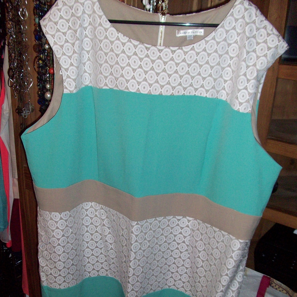 White, Teal, and Tan Striped Lace Shift Dress