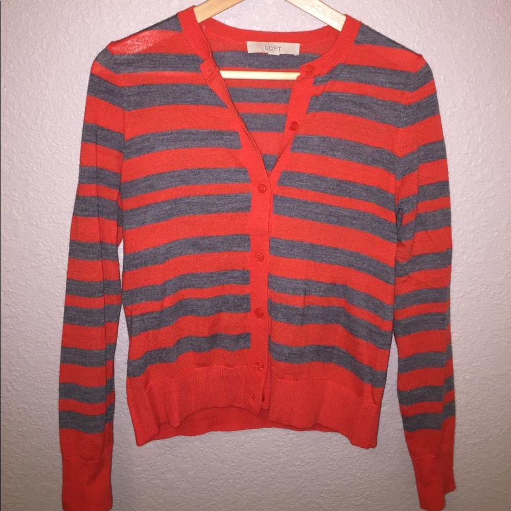 Ann Taylor LOFT Red & Gray Striped Cardigan