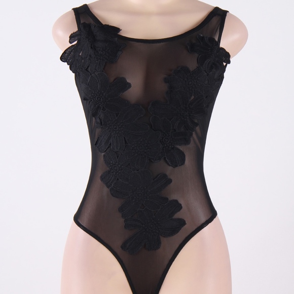 BLACK FLORAL EMBROIDERED SHEER MESH BODYSUIT! - Picture 3 of 4