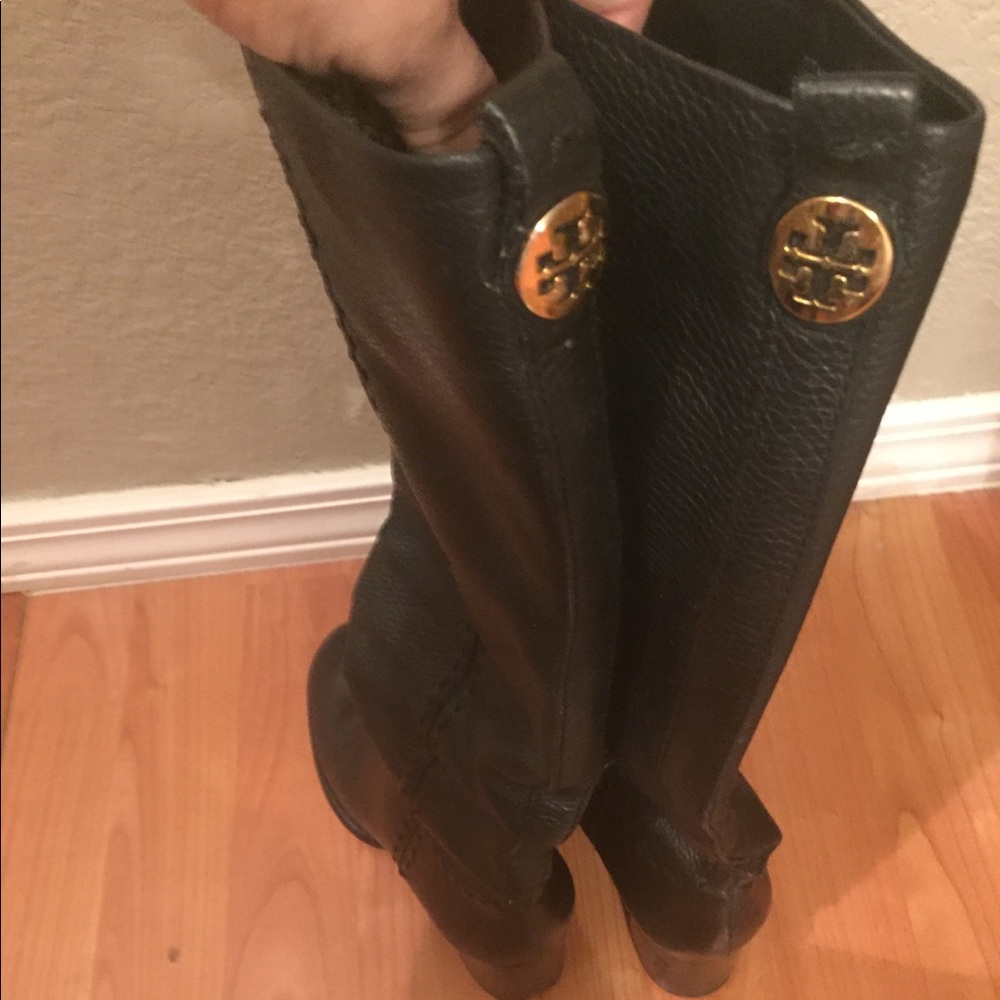 Tory Burch Black boots with gold designer logo