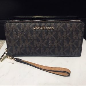Brand NWT MK Brown Lg Signature Wristlet/Wallet