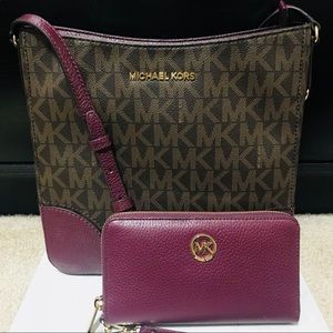 Brand NWT MK Brown/Plum XL Crossbody + Wristlet.